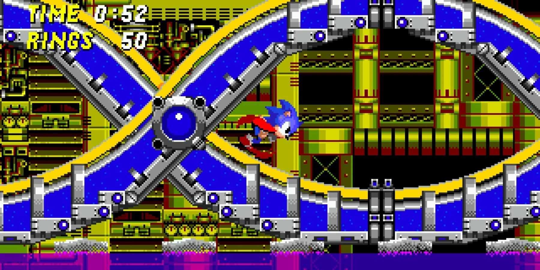 A screenshot of Sonic running through the Chemical Plant in Sonic 2
