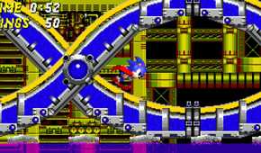A screenshot of Sonic running through the Chemical Plant in Sonic 2