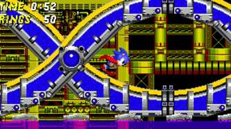 A screenshot of Sonic running through the Chemical Plant in Sonic 2