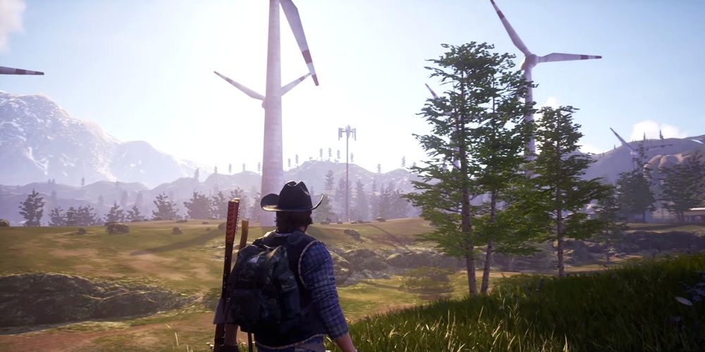 A man walking towards a field of wind turbines