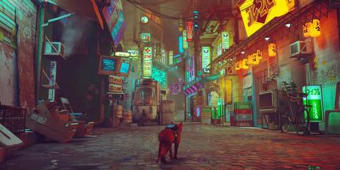 A cat walking through a neon-lit city