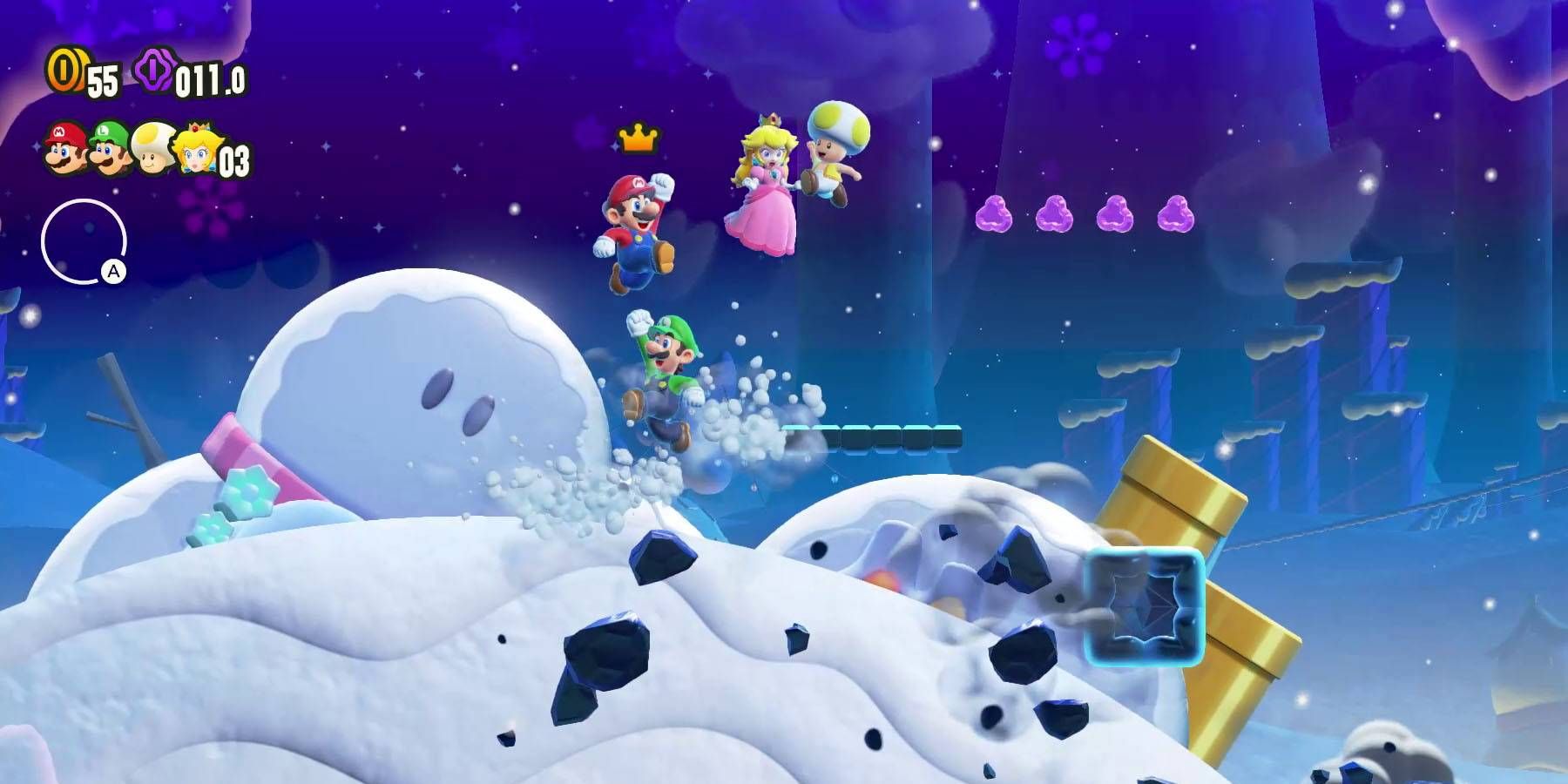 Players traversing a snow world in Super Mario Bros. Wonder
