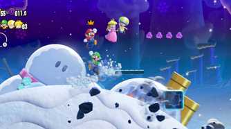 Players traversing a snow world in Super Mario Bros. Wonder