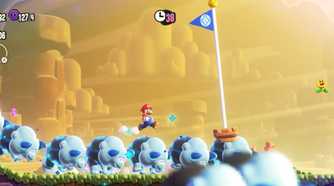 Mario riding a stampede through a goal flag in Super Mario Bros. Wonder