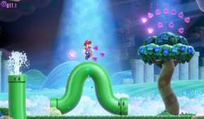 Mario jumping off a living pipe in Super Mario Bros. Wonder