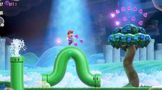 Mario jumping off a living pipe in Super Mario Bros. Wonder