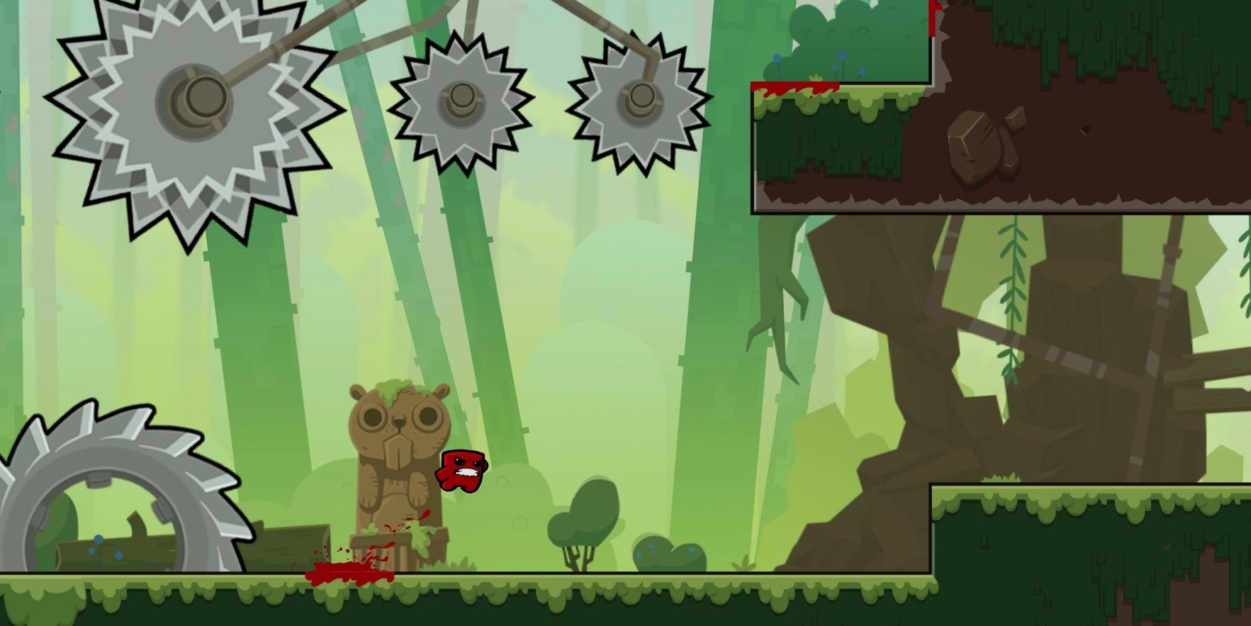 Super Meat Boy in a forest level