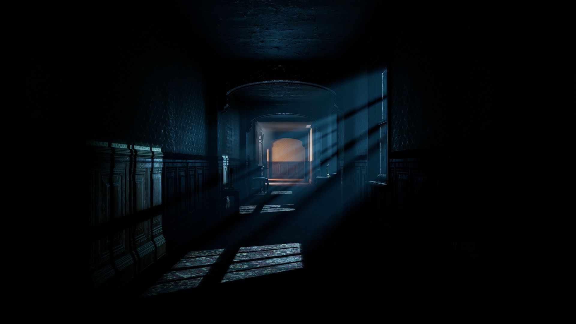 A dark hallway with moonlight beaming through the windows
