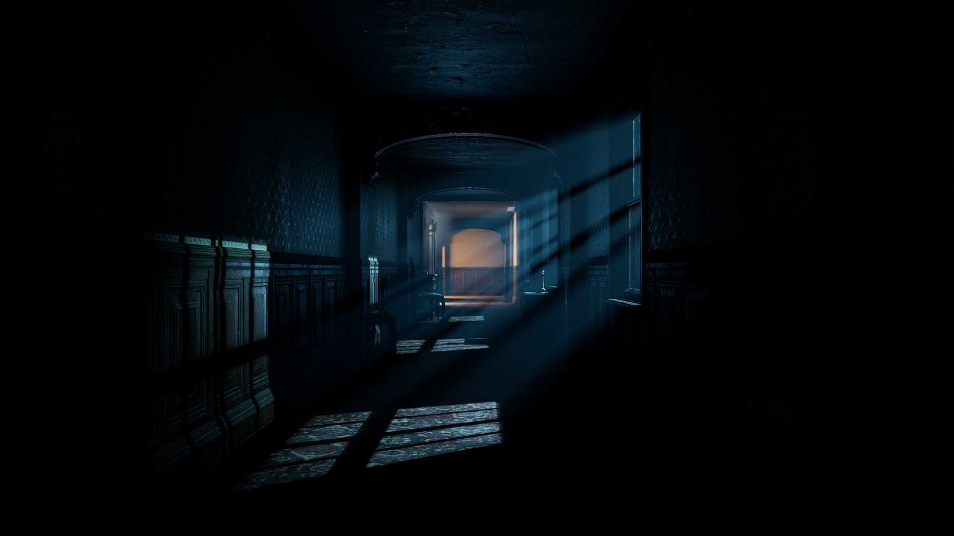 A dark hallway with moonlight beaming through the windows
