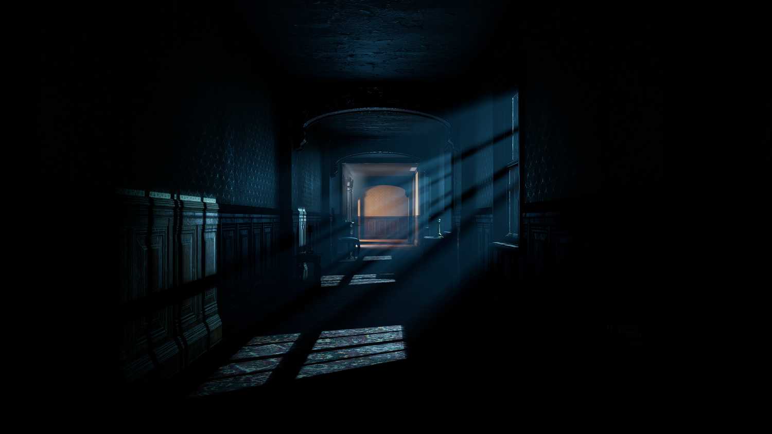 A dark hallway with moonlight beaming through the windows