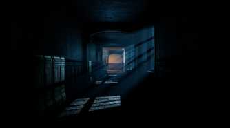 A dark hallway with moonlight beaming through the windows