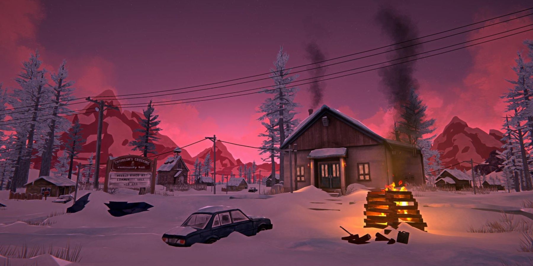 Screenshot from The Long Dark video game of a cabin in a snowy wilderness with mountains in the background, a fire in front of the home and a car stuck in the snow.