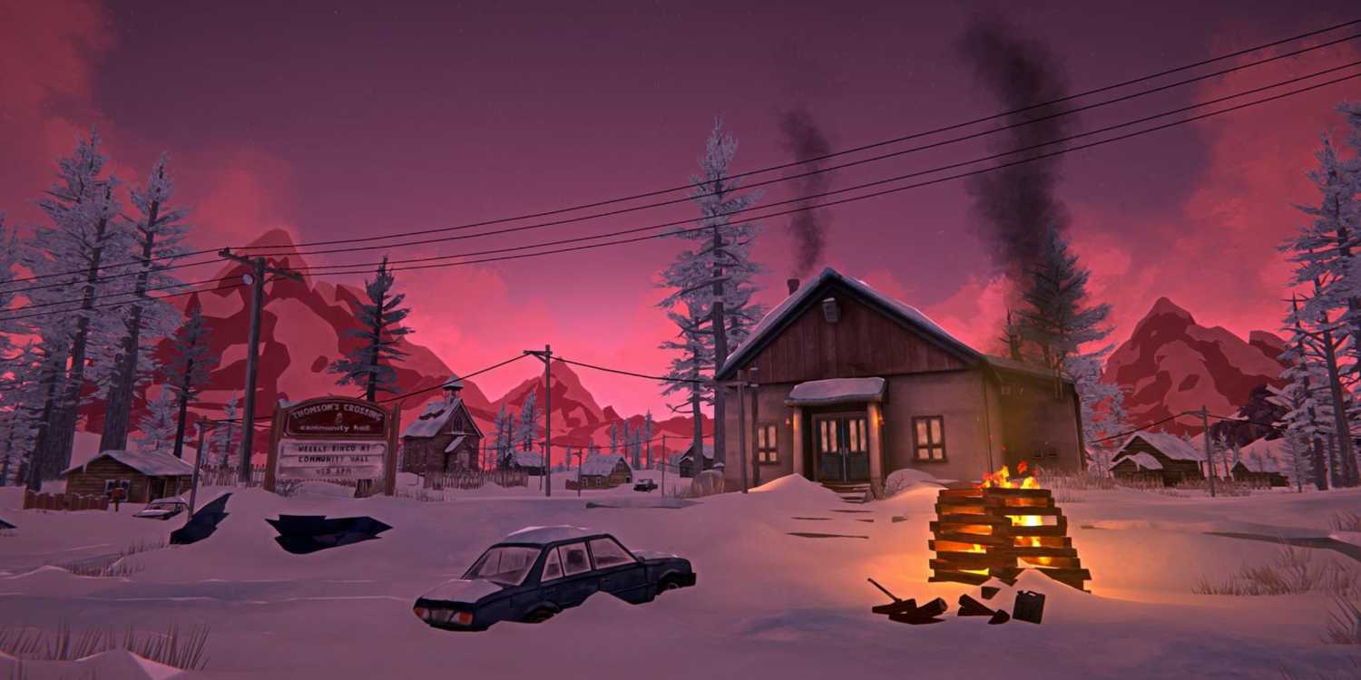 Screenshot from The Long Dark video game of a cabin in a snowy wilderness with mountains in the background, a fire in front of the home and a car stuck in the snow.