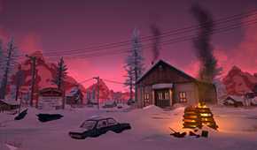 Screenshot from The Long Dark video game of a cabin in a snowy wilderness with mountains in the background, a fire in front of the home and a car stuck in the snow.