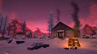Screenshot from The Long Dark video game of a cabin in a snowy wilderness with mountains in the background, a fire in front of the home and a car stuck in the snow.