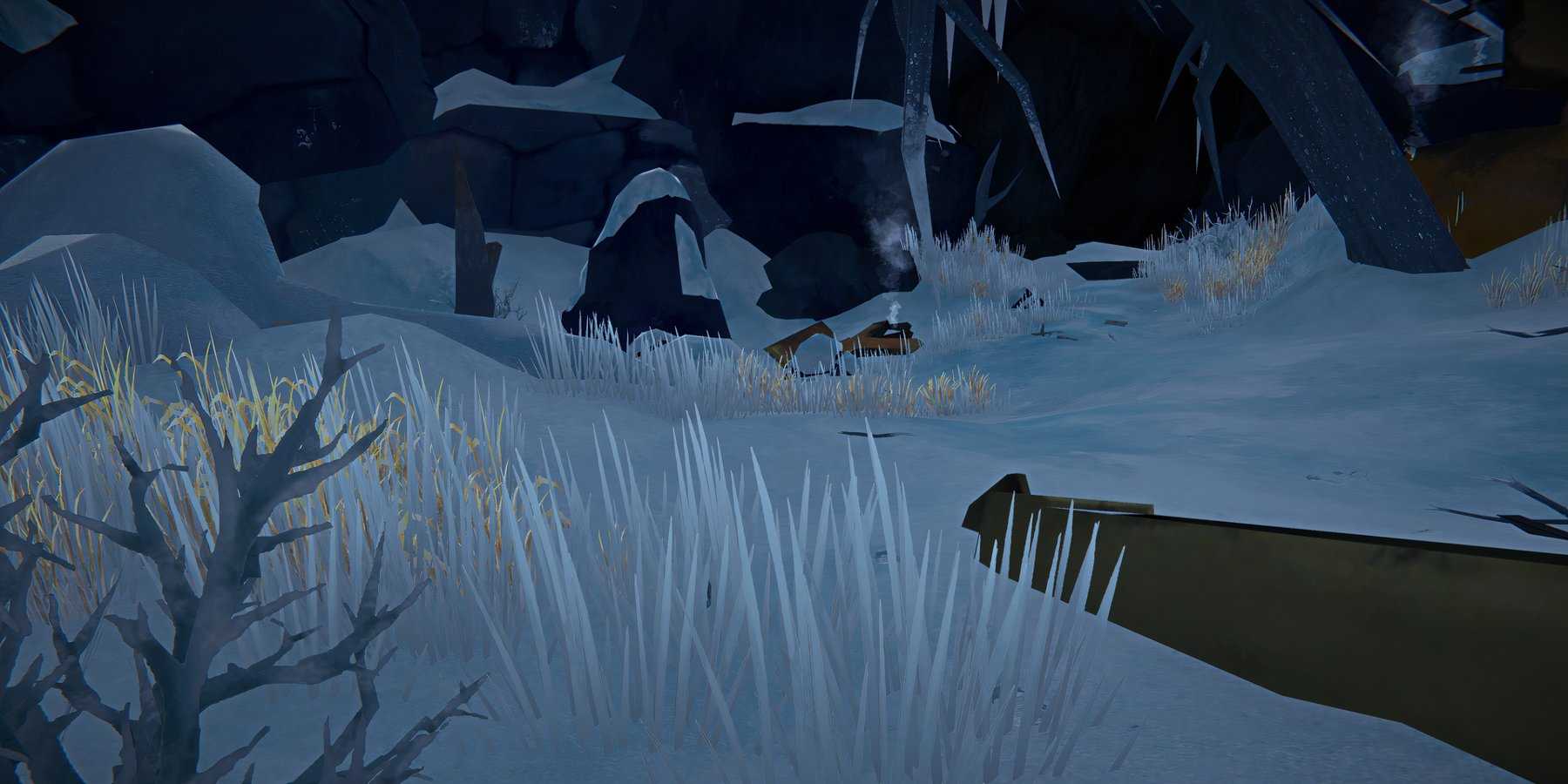 Screenshot from The Long Dark video game where player character is hunting a rabbit in a snowy wilderness.