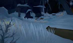 Screenshot from The Long Dark video game where player character is hunting a rabbit in a snowy wilderness.