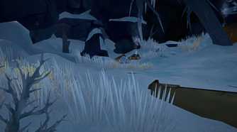 Screenshot from The Long Dark video game where player character is hunting a rabbit in a snowy wilderness.