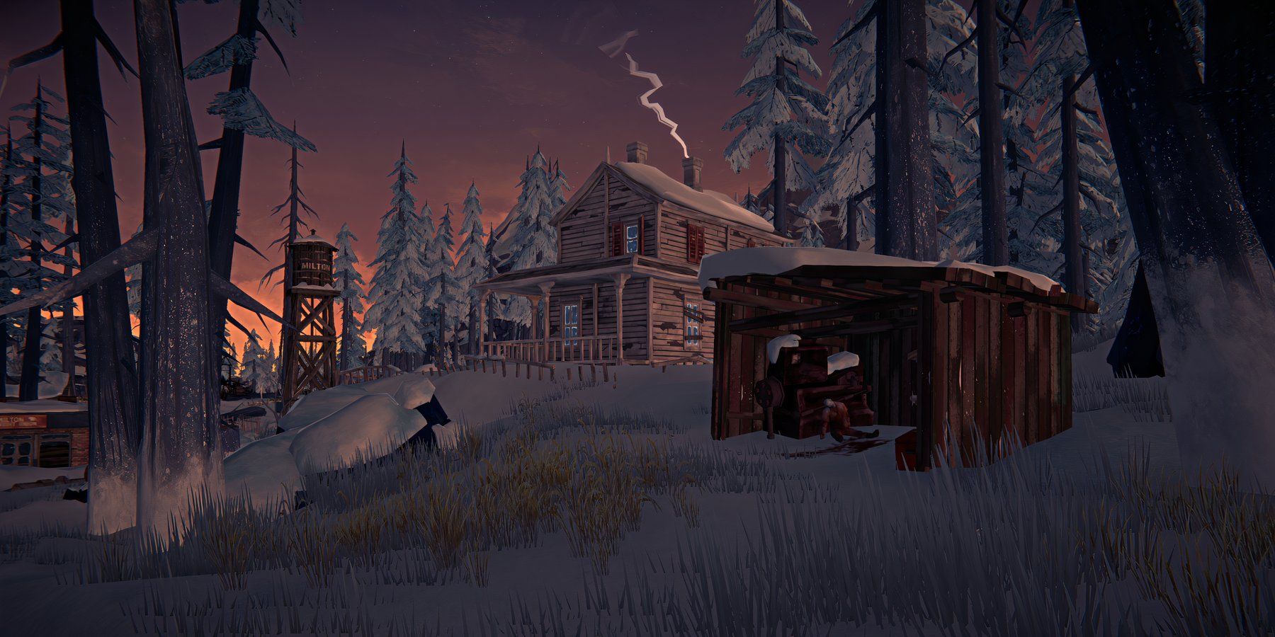 Screenshot from The Long Dark video game of a lone cabin in a snowy, forest wilderness.