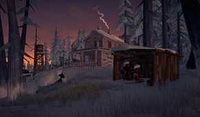 Screenshot from The Long Dark video game of a lone cabin in a snowy, forest wilderness.