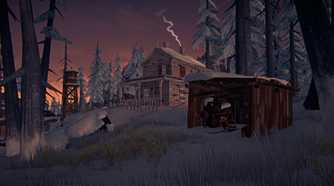 Screenshot from The Long Dark video game of a lone cabin in a snowy, forest wilderness.