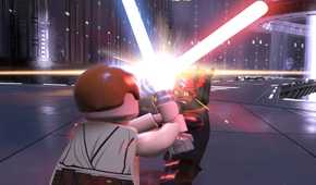 A screenshot of Obi-Wan Kenobi fighting Darth Maul in LEGO Star Wars: The Skywalker Saga
