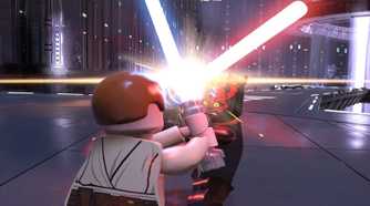 A screenshot of Obi-Wan Kenobi fighting Darth Maul in LEGO Star Wars: The Skywalker Saga