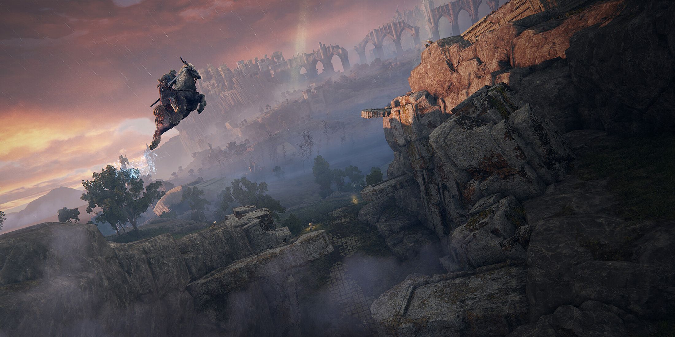 Screenshot from video game Elden Ring of player character leaping across gap on Torrent