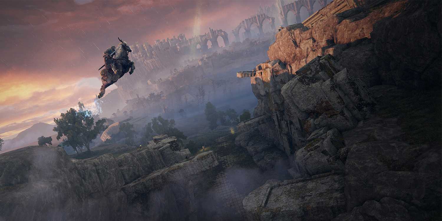 Screenshot from video game Elden Ring of player character leaping across gap on Torrent