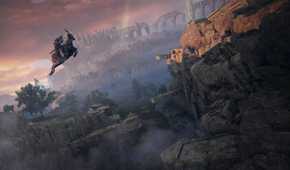 Screenshot from video game Elden Ring of player character leaping across gap on Torrent