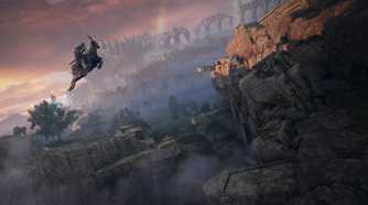 Screenshot from video game Elden Ring of player character leaping across gap on Torrent