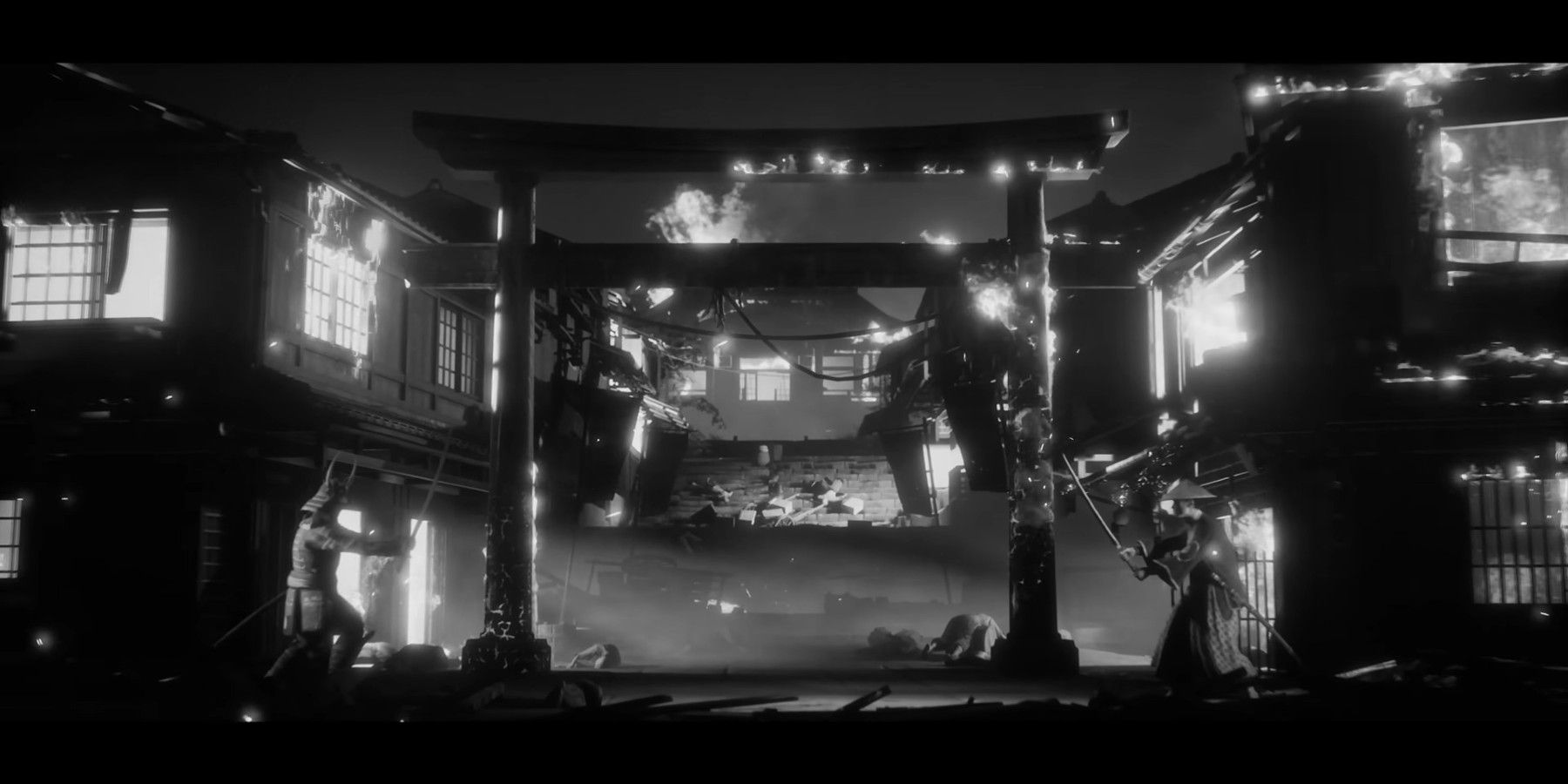 A screenshot of a burning shrine in Trek to Yomi