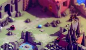 Screenshot from video game Tunic of ruins area from a zoomed out, isometric perspective