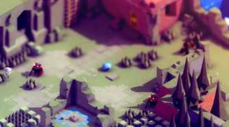 Screenshot from video game Tunic of ruins area from a zoomed out, isometric perspective