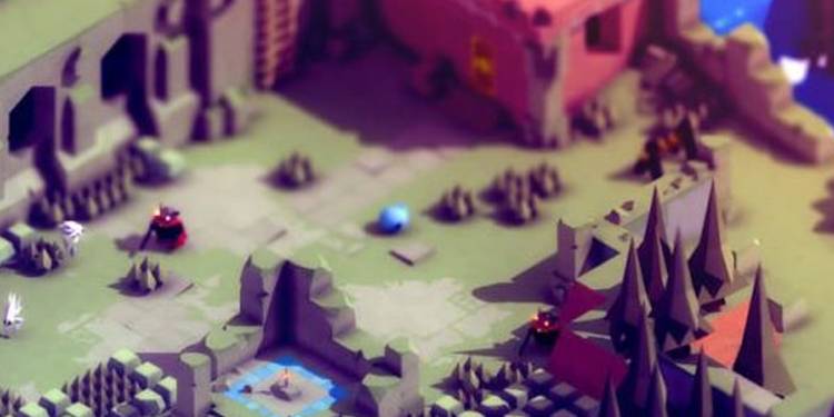 Screenshot from video game Tunic of ruins area from a zoomed out, isometric perspective