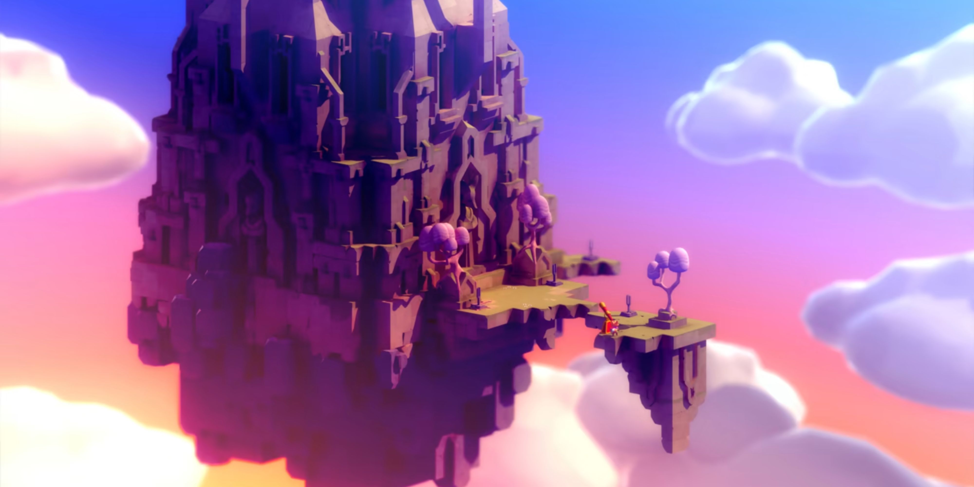 Screenshot from Tunic video game of fox character walking up to a castle in the clouds.