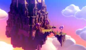 Screenshot from Tunic video game of fox character walking up to a castle in the clouds.