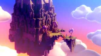 Screenshot from Tunic video game of fox character walking up to a castle in the clouds.