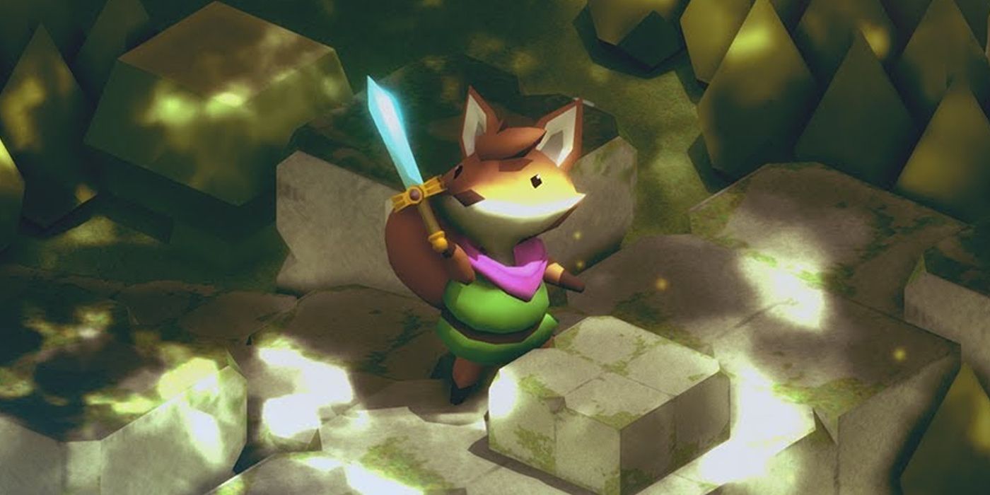 Screenshot from video game Tunic of fox character holding up a bright blue sword.