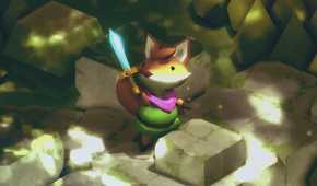 Screenshot from video game Tunic of fox character holding up a bright blue sword.
