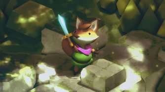 Screenshot from video game Tunic of fox character holding up a bright blue sword.
