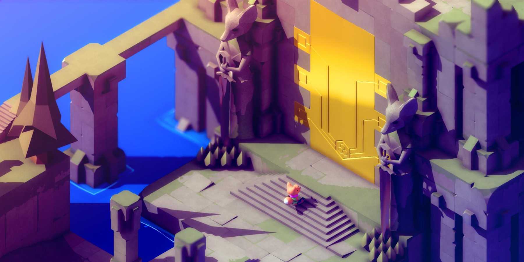 Screenshot from video game Tunic of fox character standing in front of a tall, gold door.