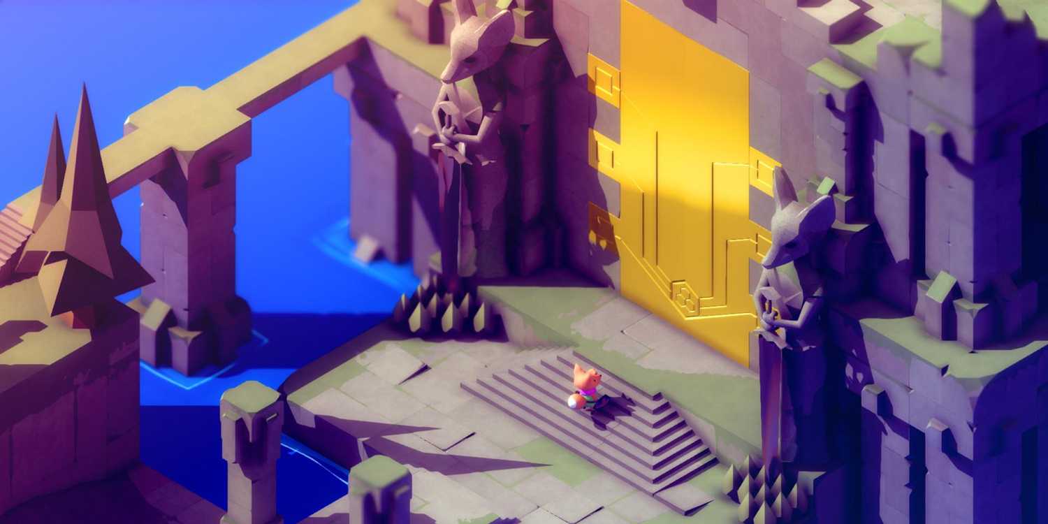 Screenshot from video game Tunic of fox character standing in front of a tall, gold door.