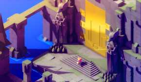 Screenshot from video game Tunic of fox character standing in front of a tall, gold door.