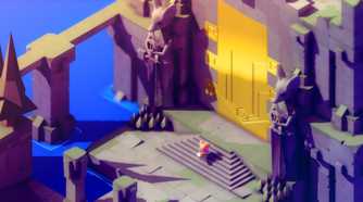 Screenshot from video game Tunic of fox character standing in front of a tall, gold door.