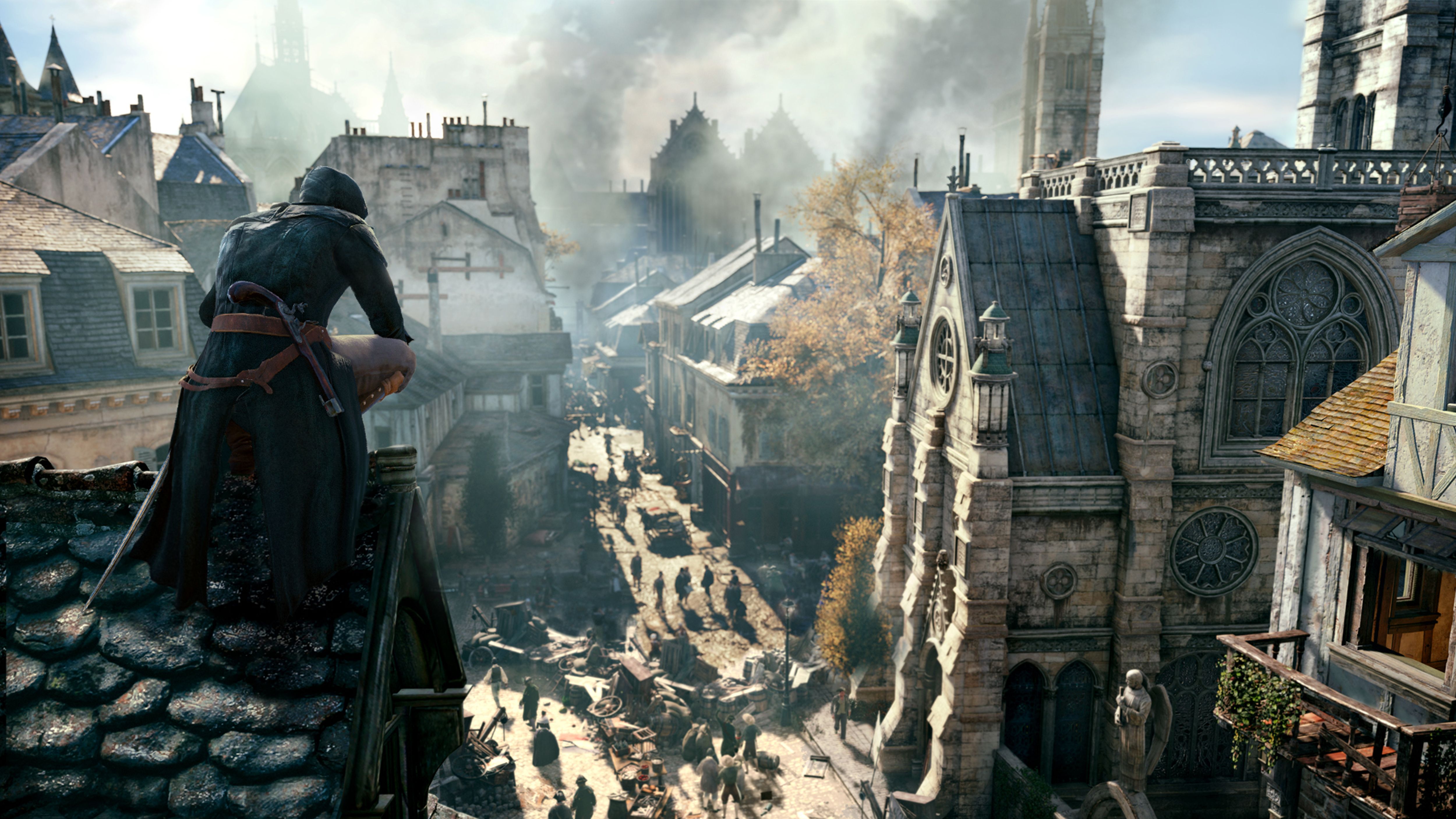 assassins creed unity chilling on a rooftop