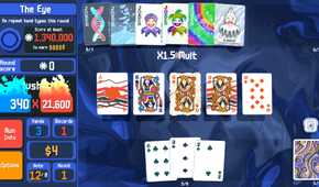 multiple playing cards and Joker cards displayed next to a scoreboard on a blue background.