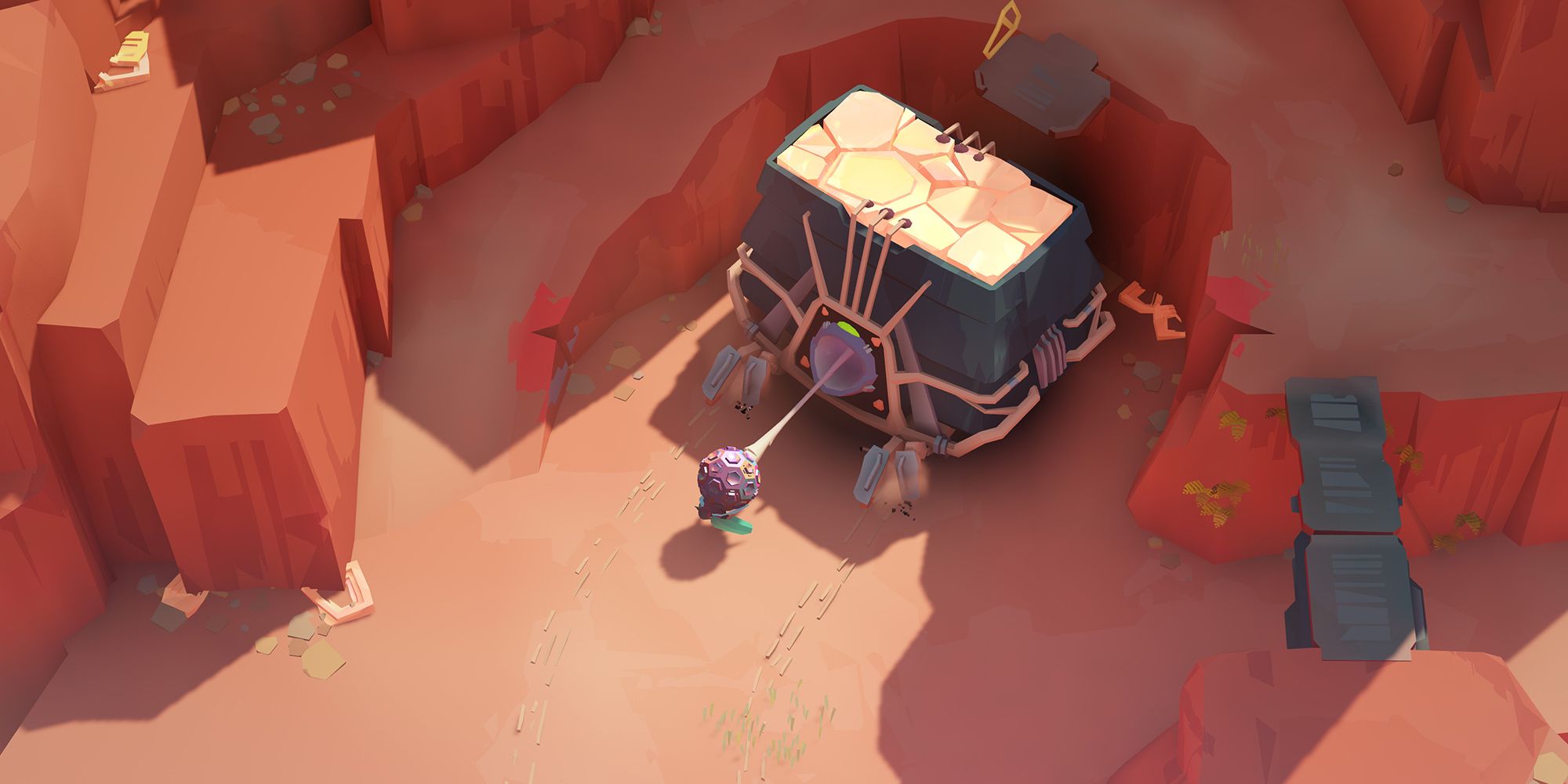 Screenshot from Cocoon video game of player character pulling a giant boulder with an orb.