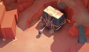 Screenshot from Cocoon video game of player character pulling a giant boulder with an orb.