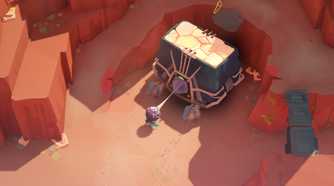 Screenshot from Cocoon video game of player character pulling a giant boulder with an orb.